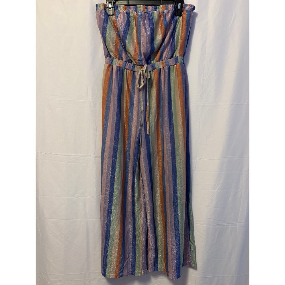 Moon River Rainbow Striped Sparkle Tube Top Strapless Jumpsuit Multicolor Sz L